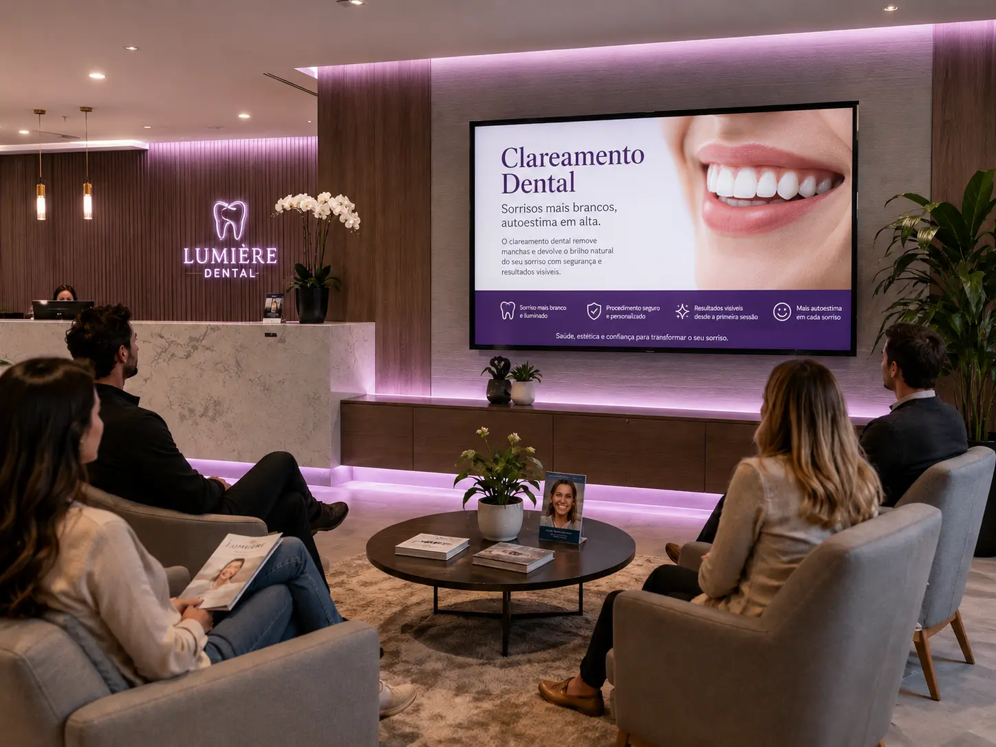 Sala de espera de clínica com a TV exibindo a Cliniflix