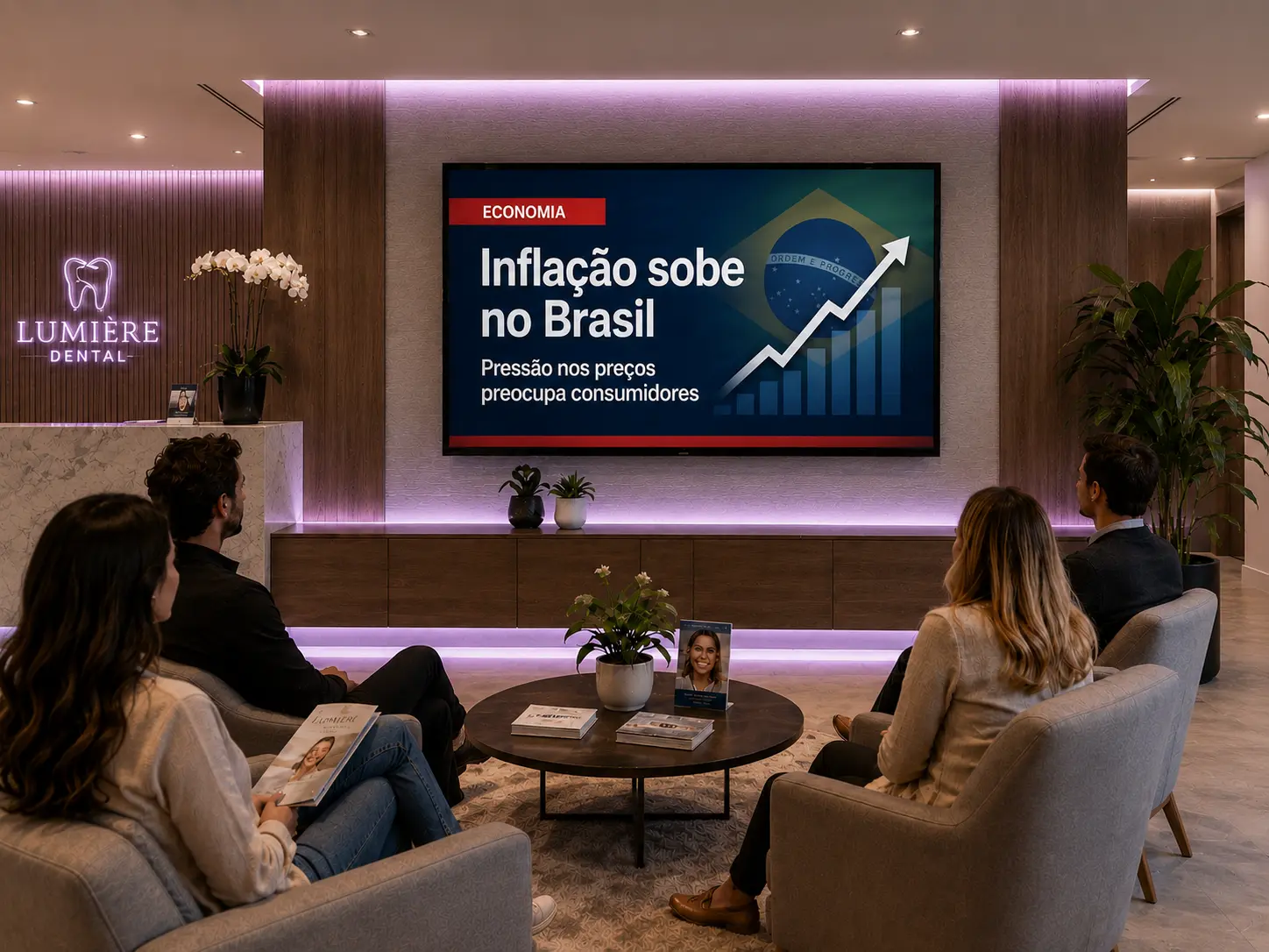Sala de espera com TV exibindo canal aberto