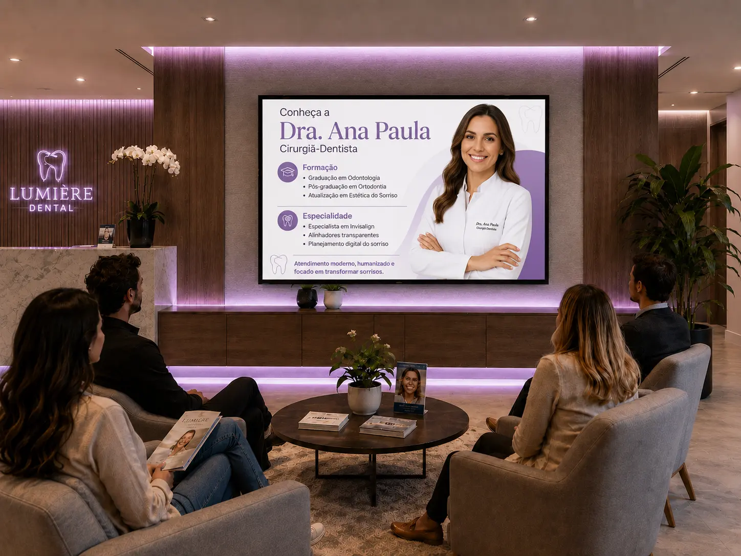 Mesma sala de espera com a TV exibindo a Cliniflix